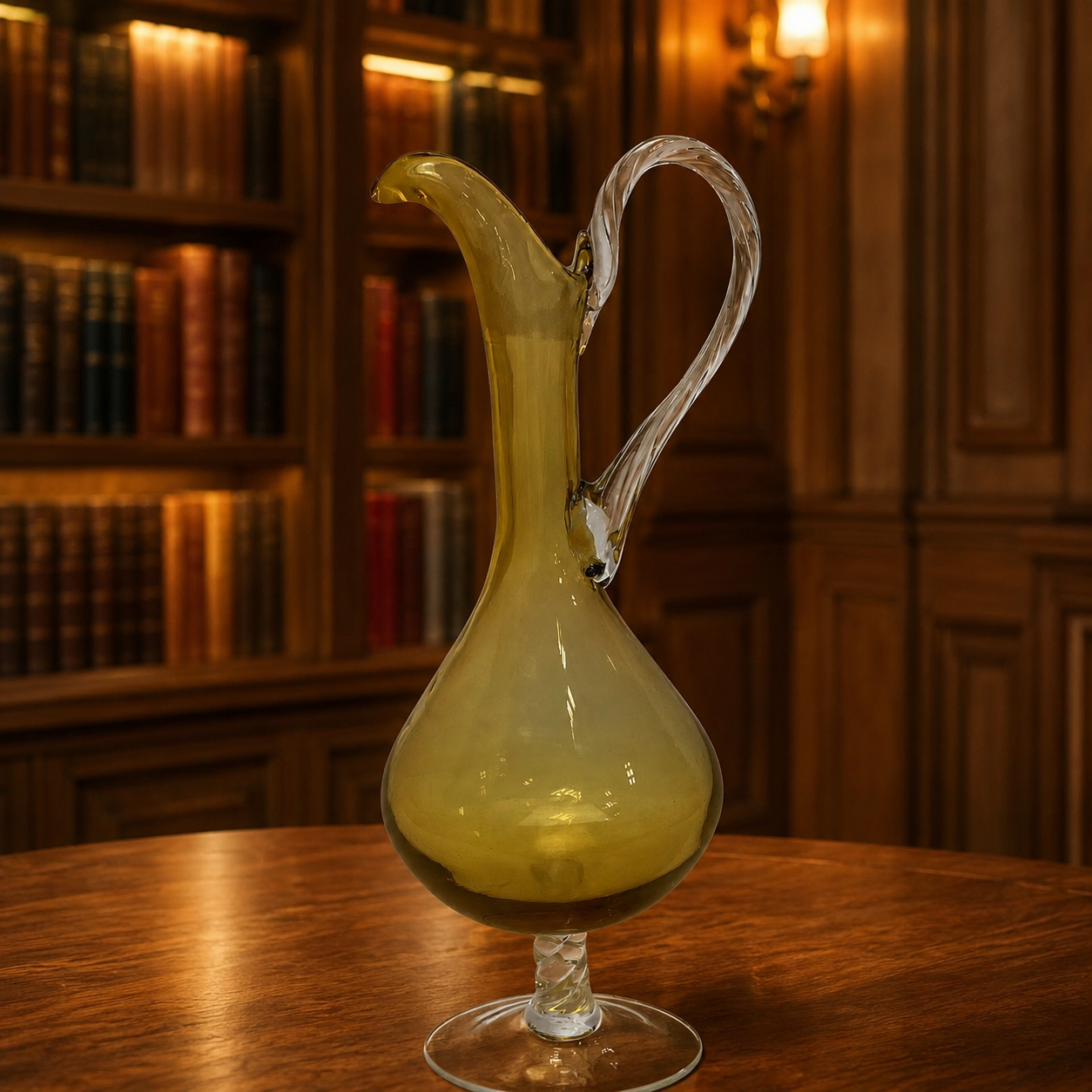 Vintage Amber Glass Decanter Pitcher with Twisted Clear Handle