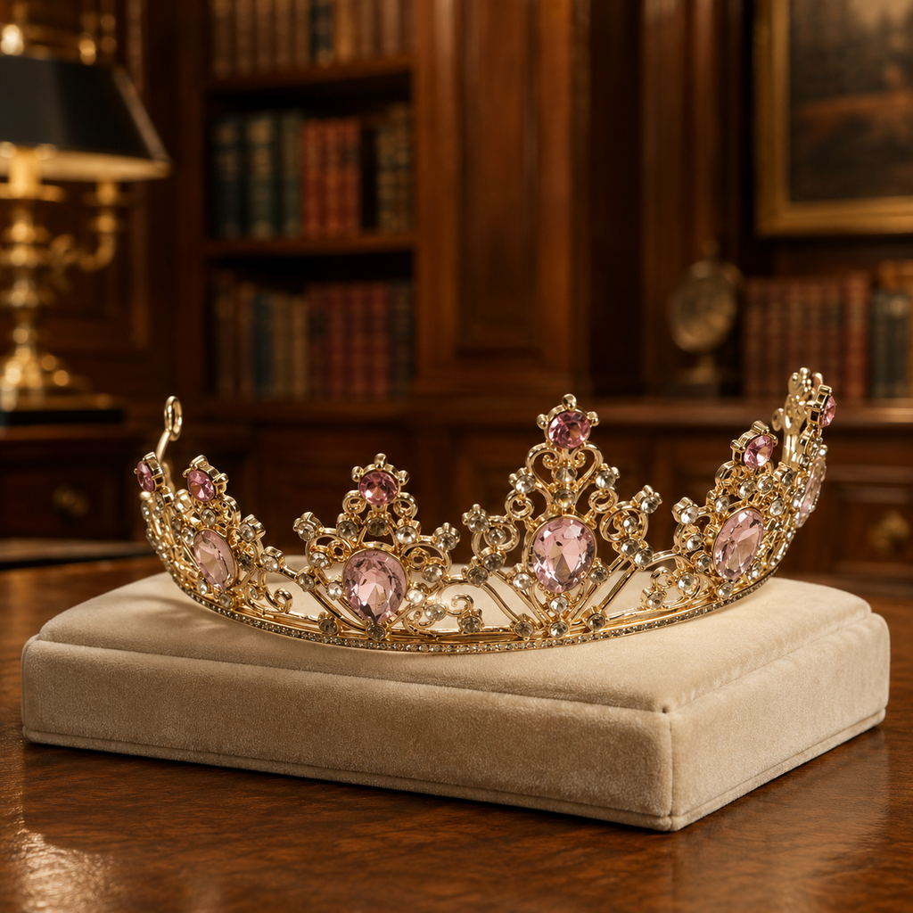 Gold Tone Tiara with Pink and Clear Crystal Rhinestones