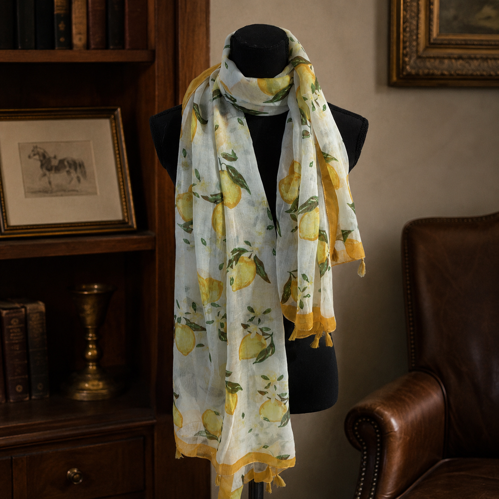 Vintage Lemon Print Scarf | Lightweight White Yellow Citrus Design Scarf