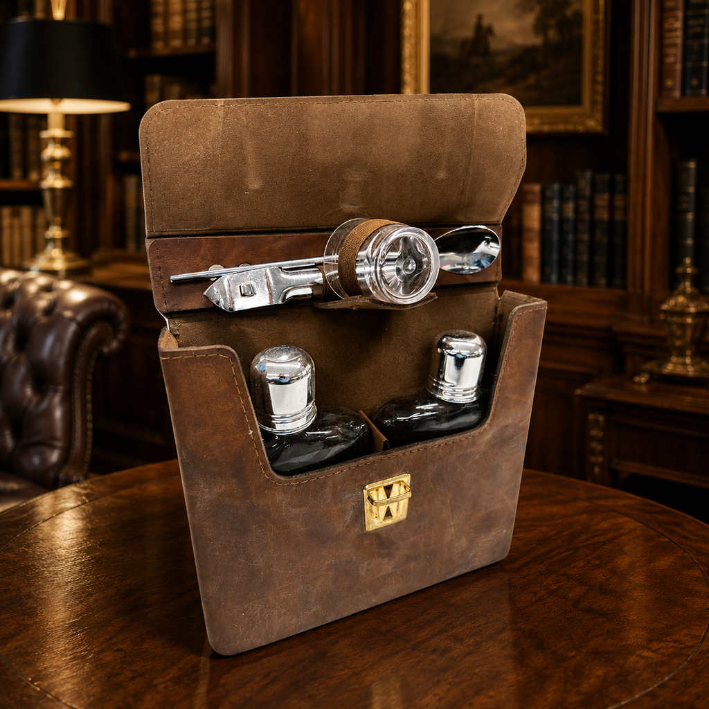 Vintage Leather Portable Bar Set with Cocktail Accessories, Travel Liquor Case Barware Kit