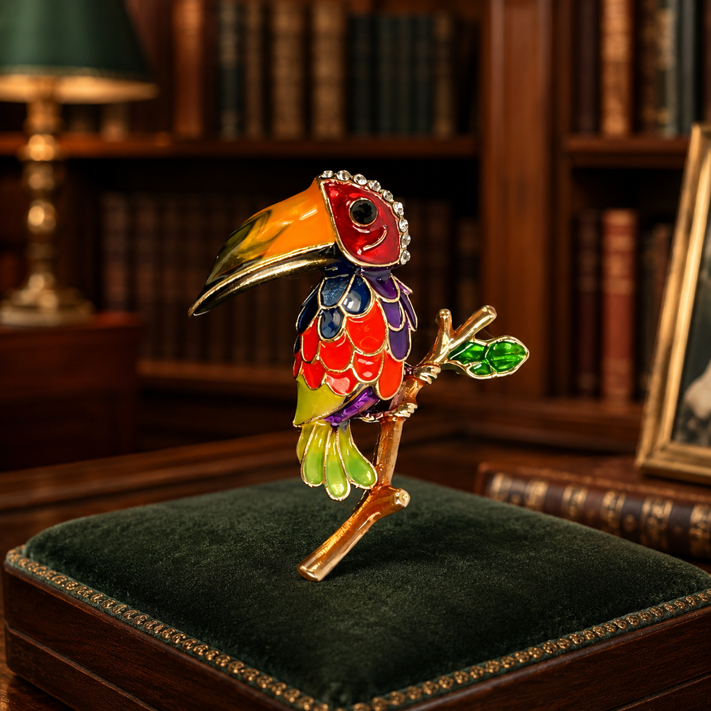 Colorful Enamel Toucan Brooch Gold Tone Glass Gem Tropical Bird Pin