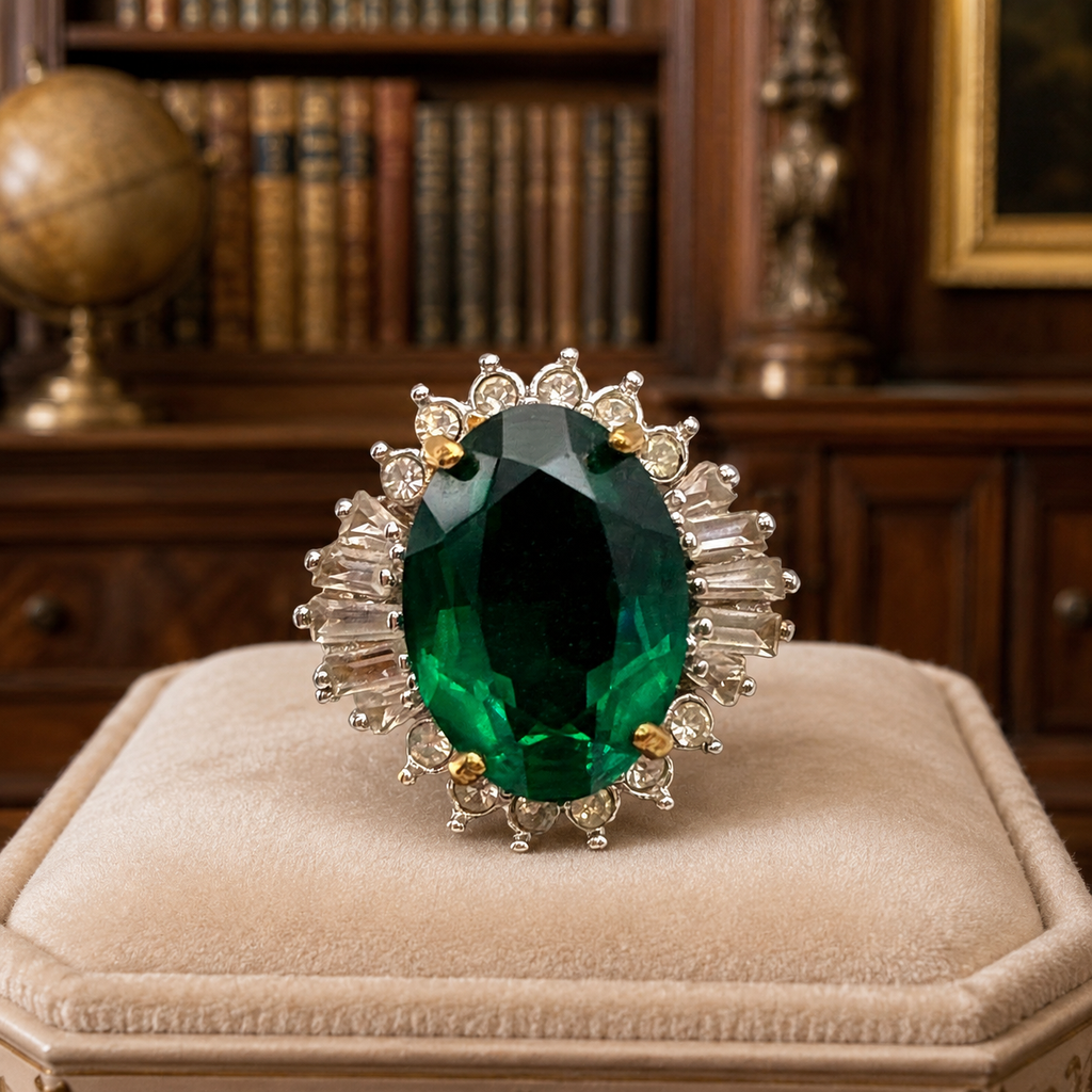 Vintage Green Rhinestone Cocktail Ring Gold Electroplate 9.2g