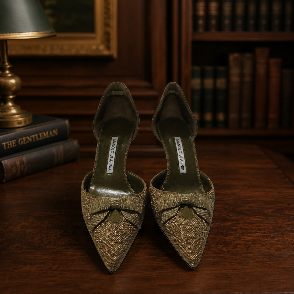 Manolo Blahnik Pointed Toe Slingback Heels Size 38.5, Olive Satin Designer Pumps