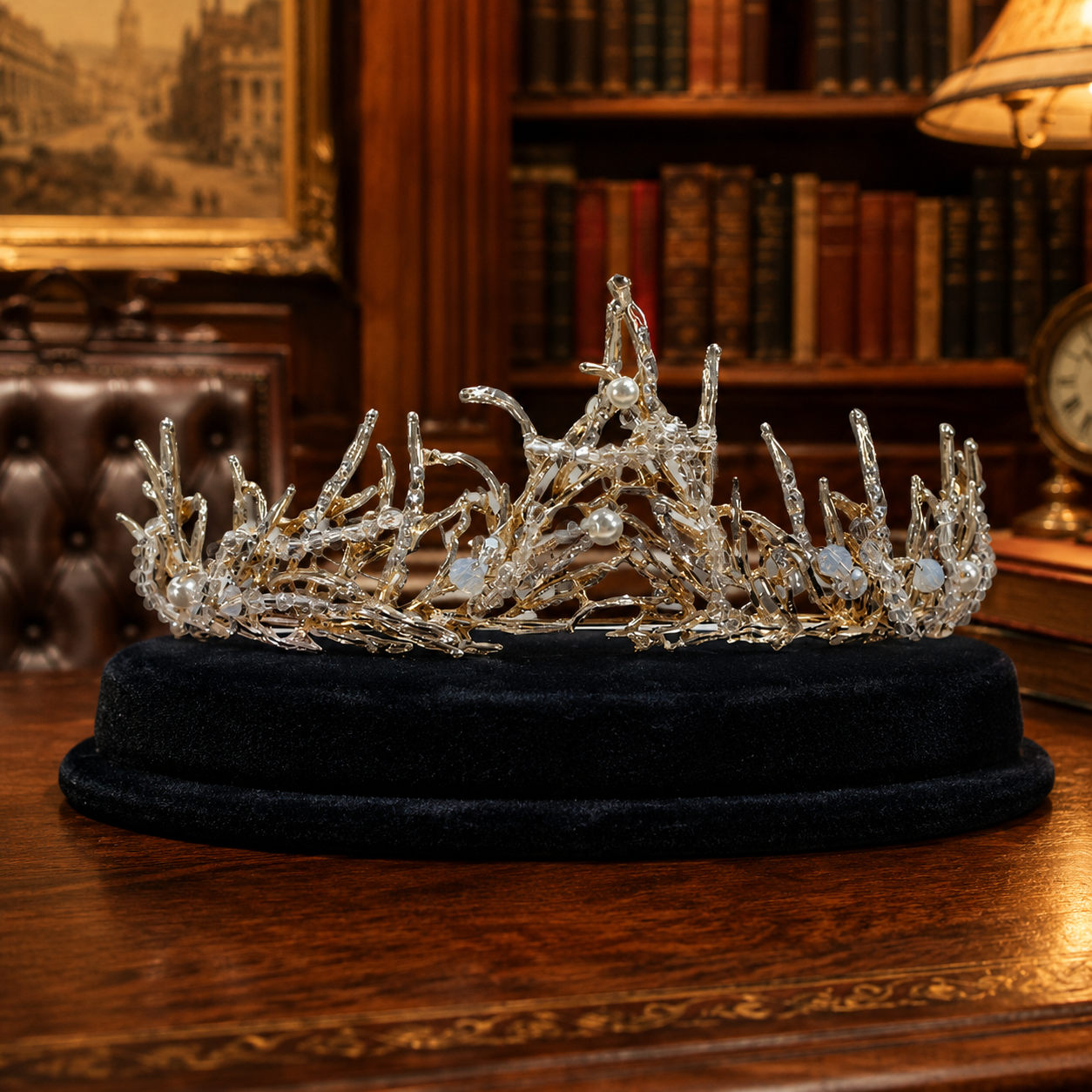 Silver Tone Woodland Fairy Tiara Faux Pearl & Crystal Branch Crown Fantasy Bridal Headpiece