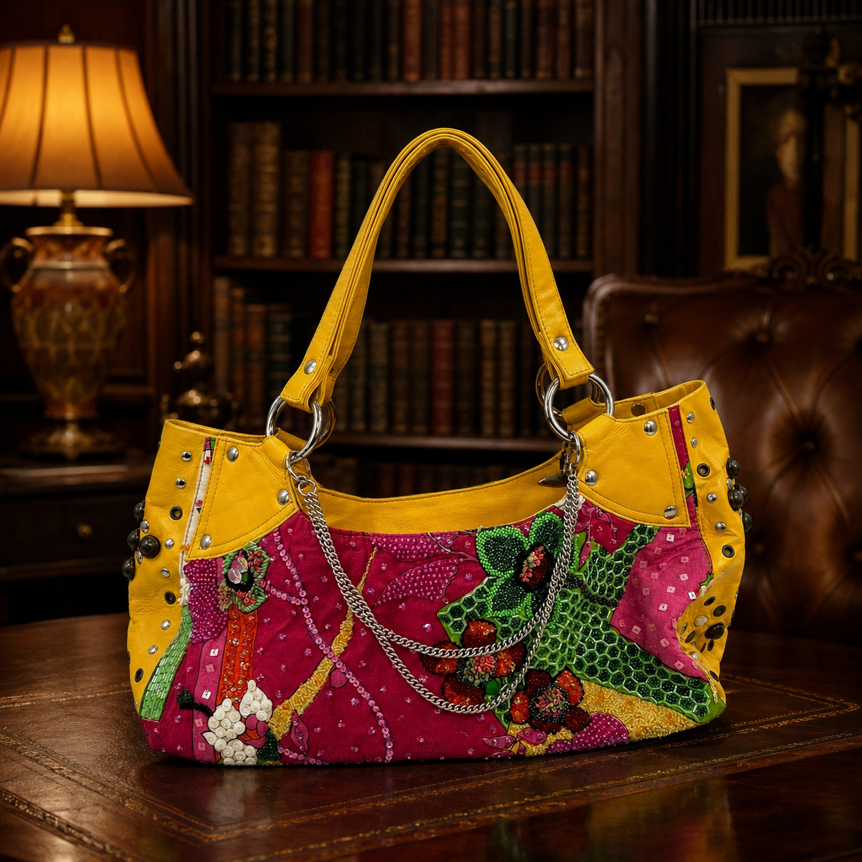 Mary Frances Large Multicolor Beaded Shoulder Bag with Yellow Trim  Description