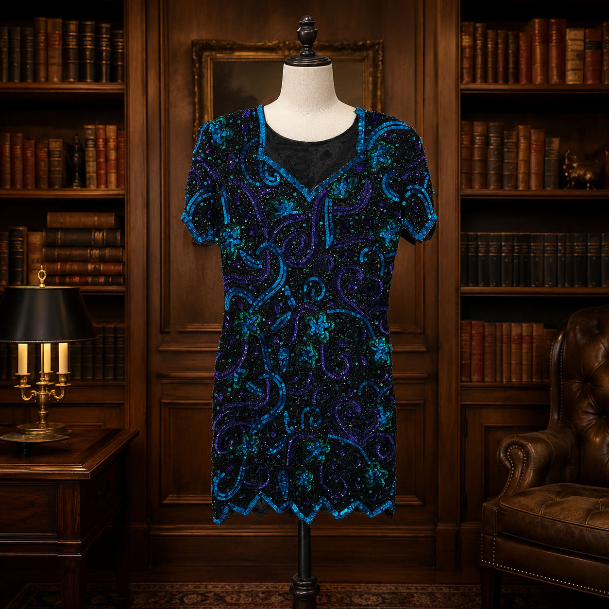 Lawrence Krazer Black and Blue Beaded Dress Size L