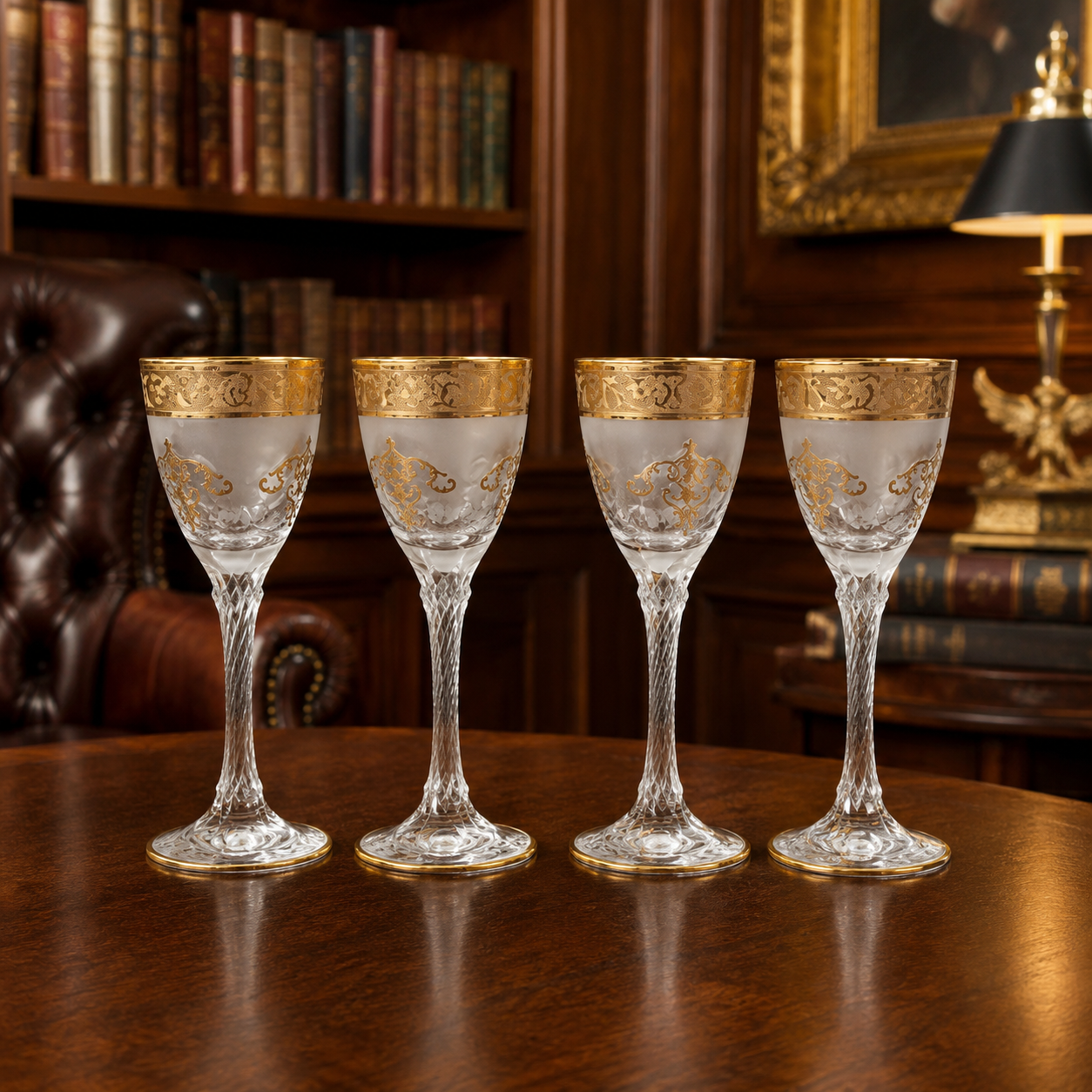 Set of 4 Crystal Vintage Style Gold Trim Etched Barware Wine Glasses