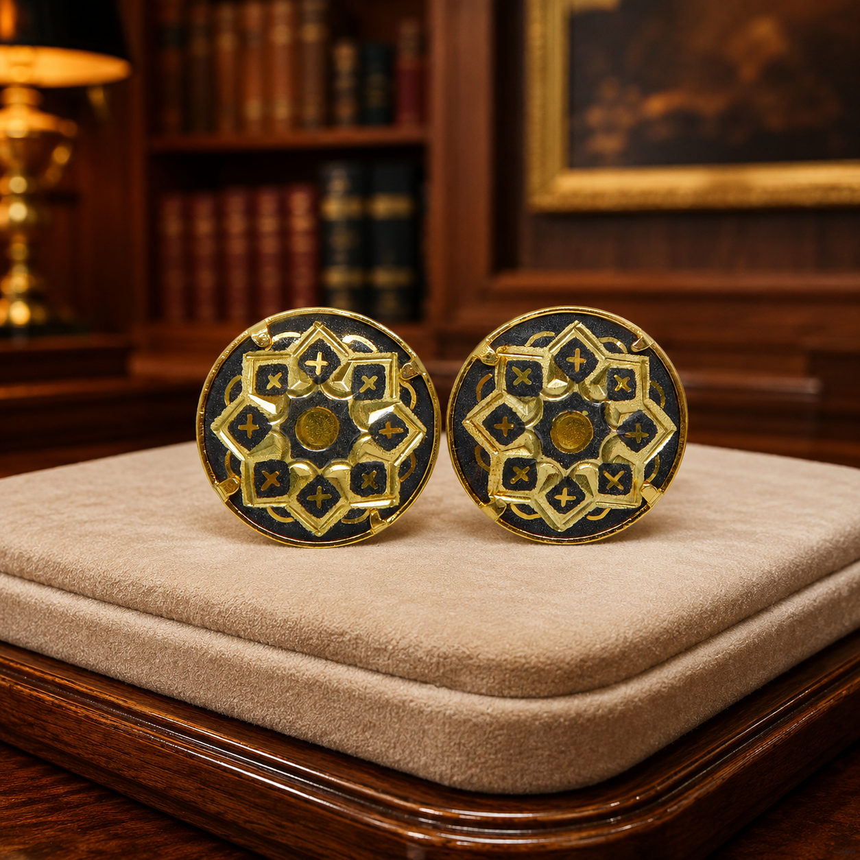 Gold Tone Hand Carved Damascene Stud Earrings