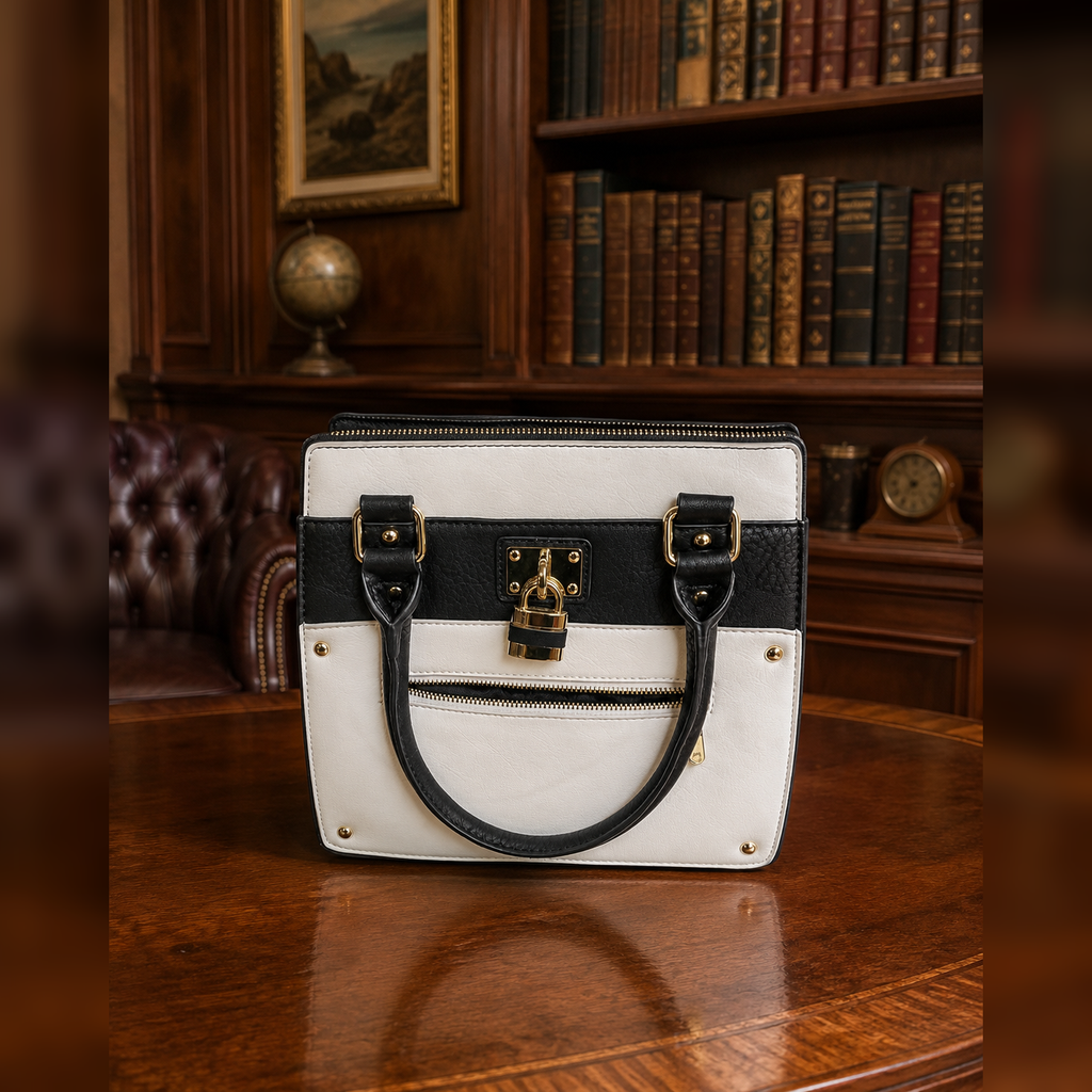Charming Charlie Black & White Satchel with Lock Charm