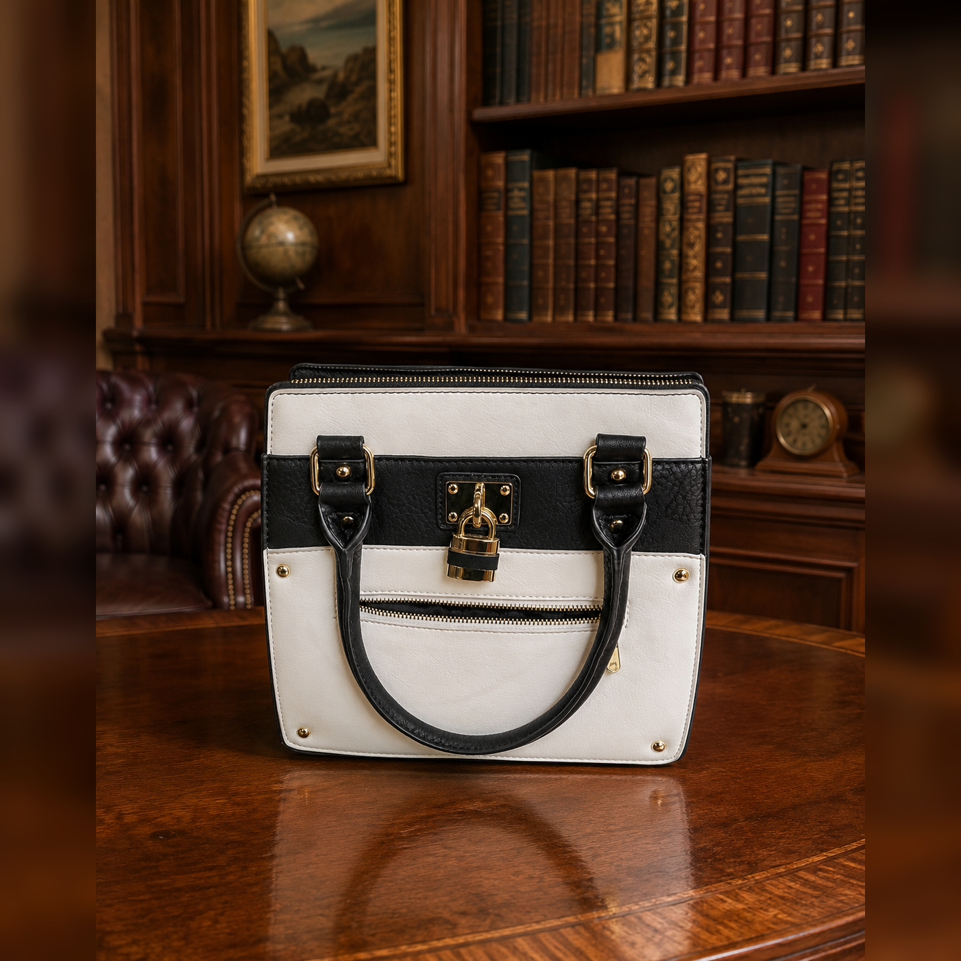 Charming Charlie Black & White Satchel with Lock Charm
