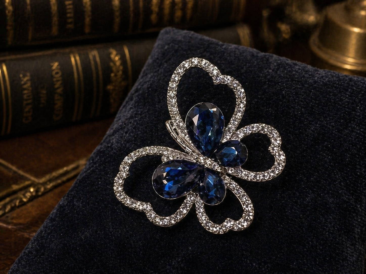 Silver Tone Blue Crystal Butterfly Brooch