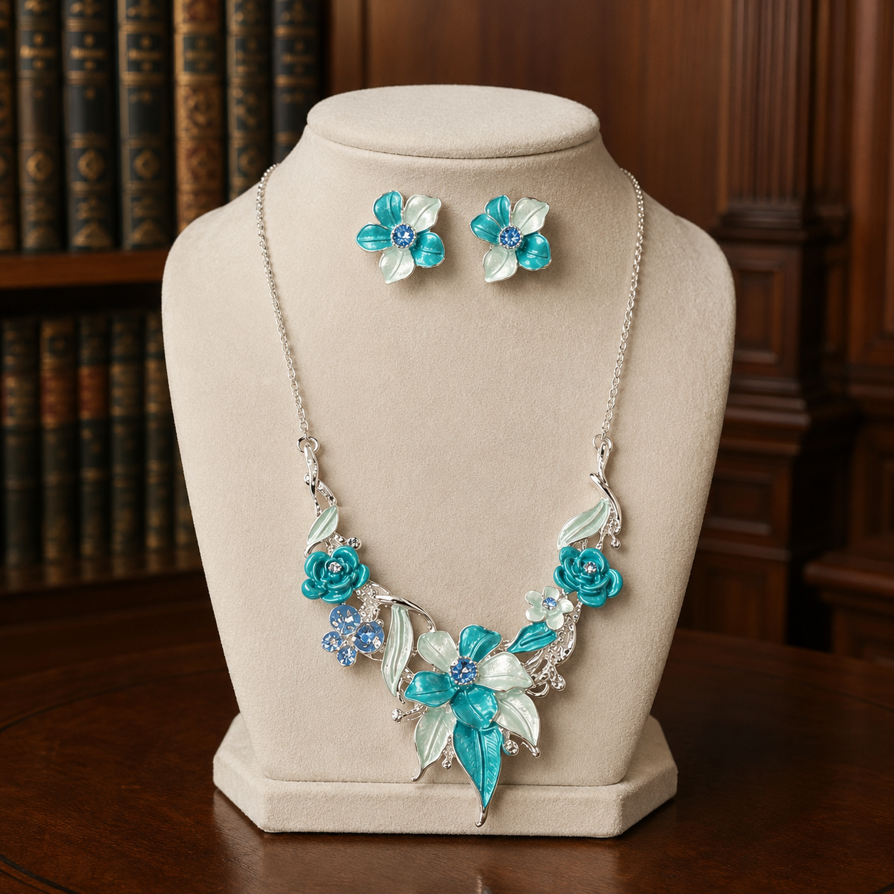 Blue Teal Enamel Floral Necklace & Clip-On Earrings Set