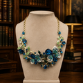 Blue Rhinestone Floral Gold-Tone Event Necklace