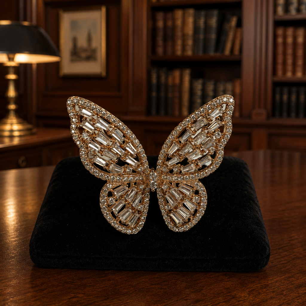Rose Gold Tone 925 Sterling FZN Clear Glass Gems Filigree Butterfly Ring 8.13g