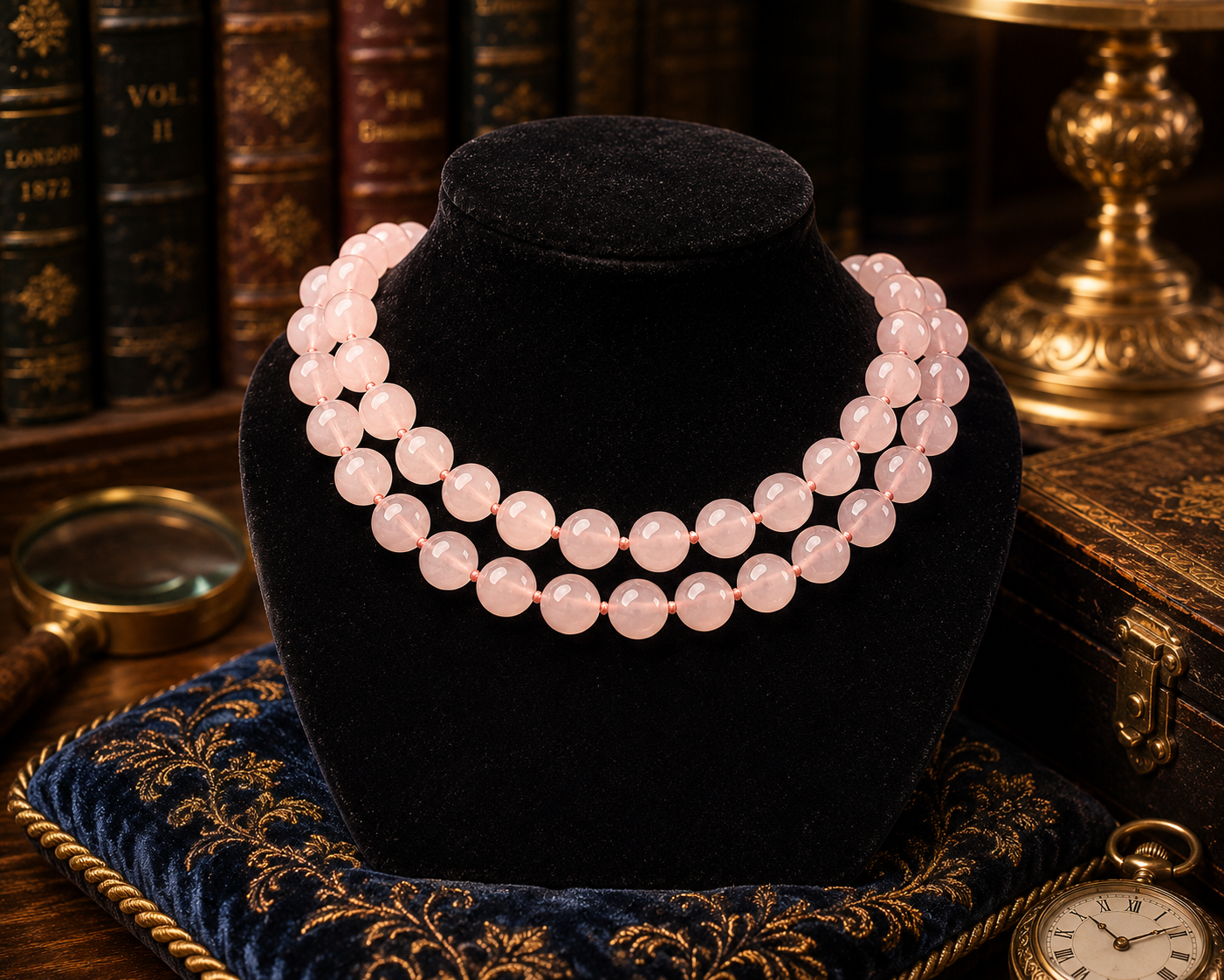 pink stone bead double strand necklace