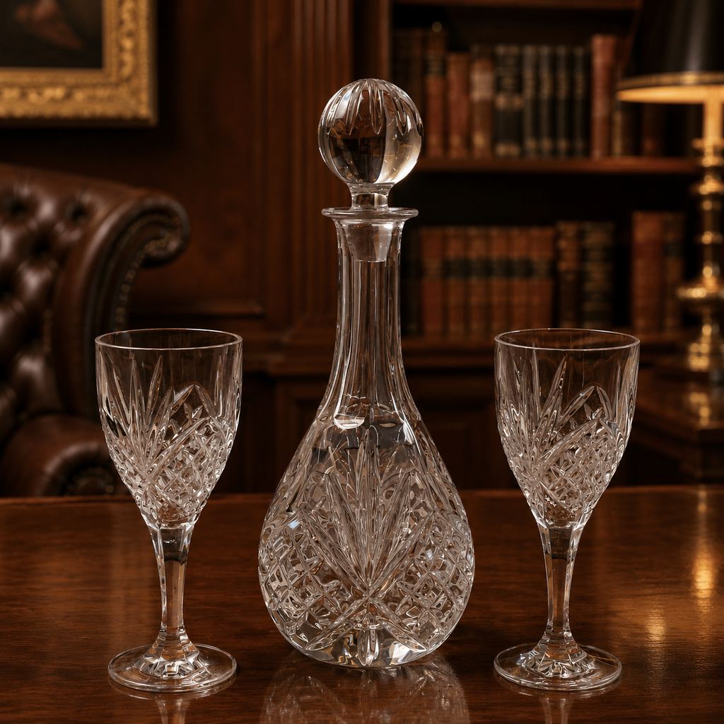 Crystal Decanter and Glass Set with Cut Pattern Design