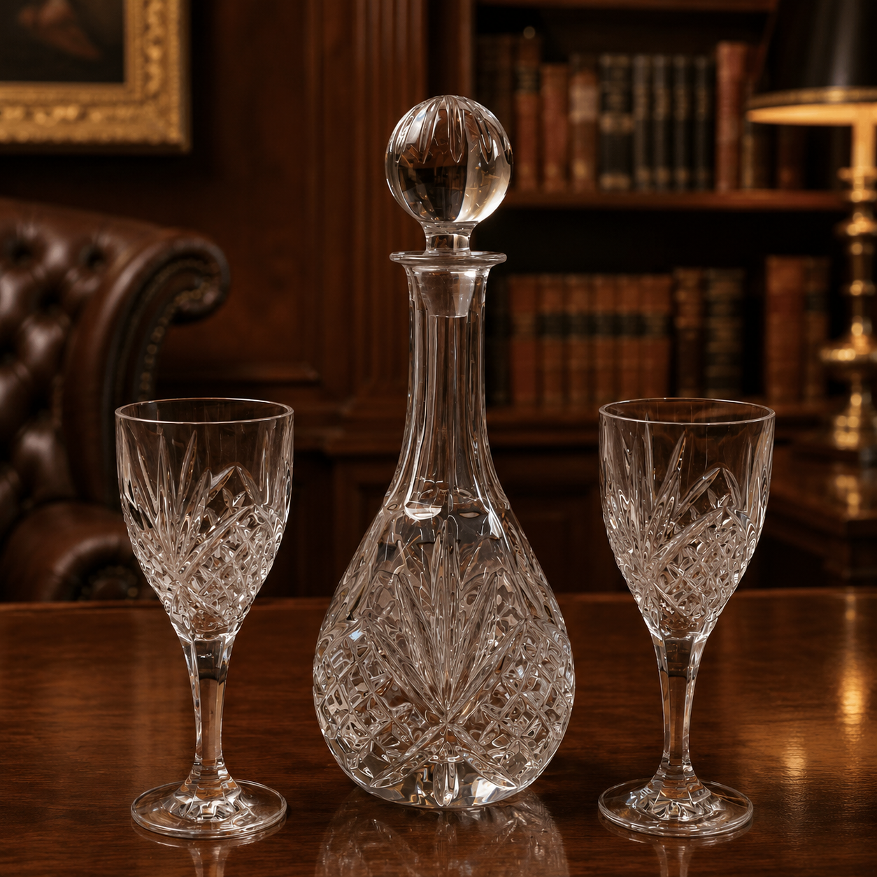 Crystal Decanter and Glass Set with Cut Pattern Design