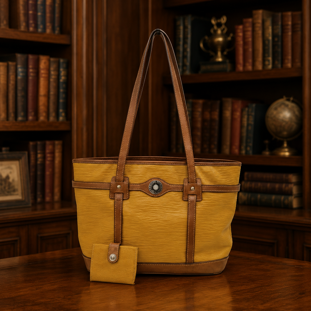 Dooney and Bourke Mustard Yellow Pebbled Leather Shopper Tote with Matching Wallet Set