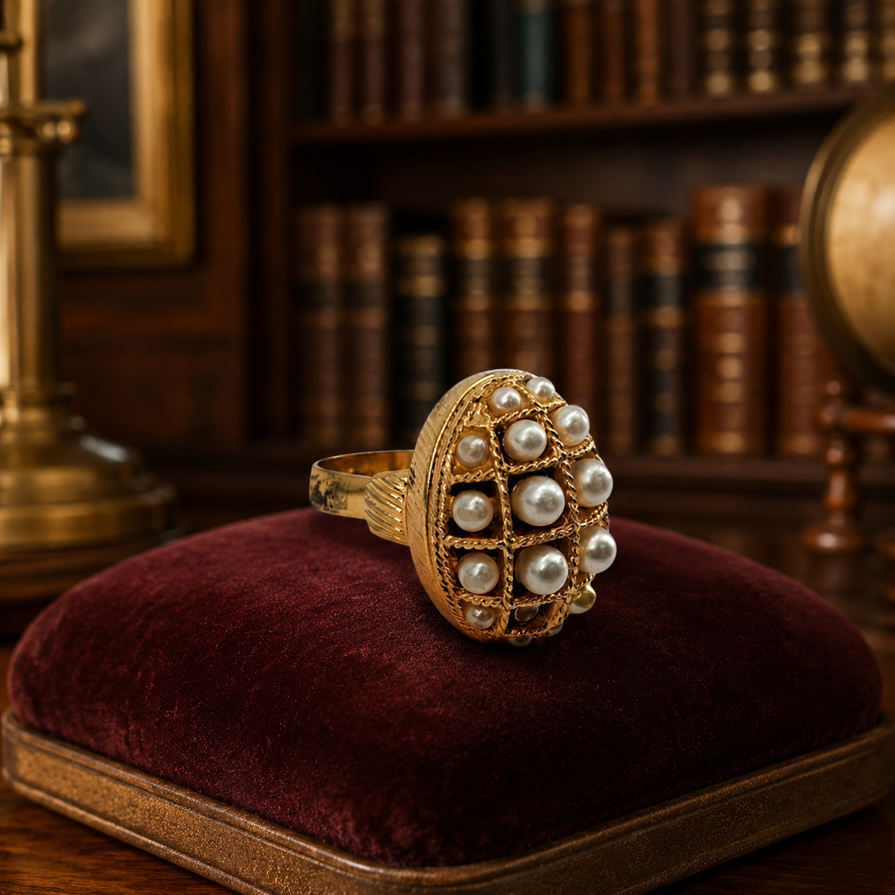Vintage AVON Gold-Tone Locket Ring Faux Pearls Ornate Oval Design