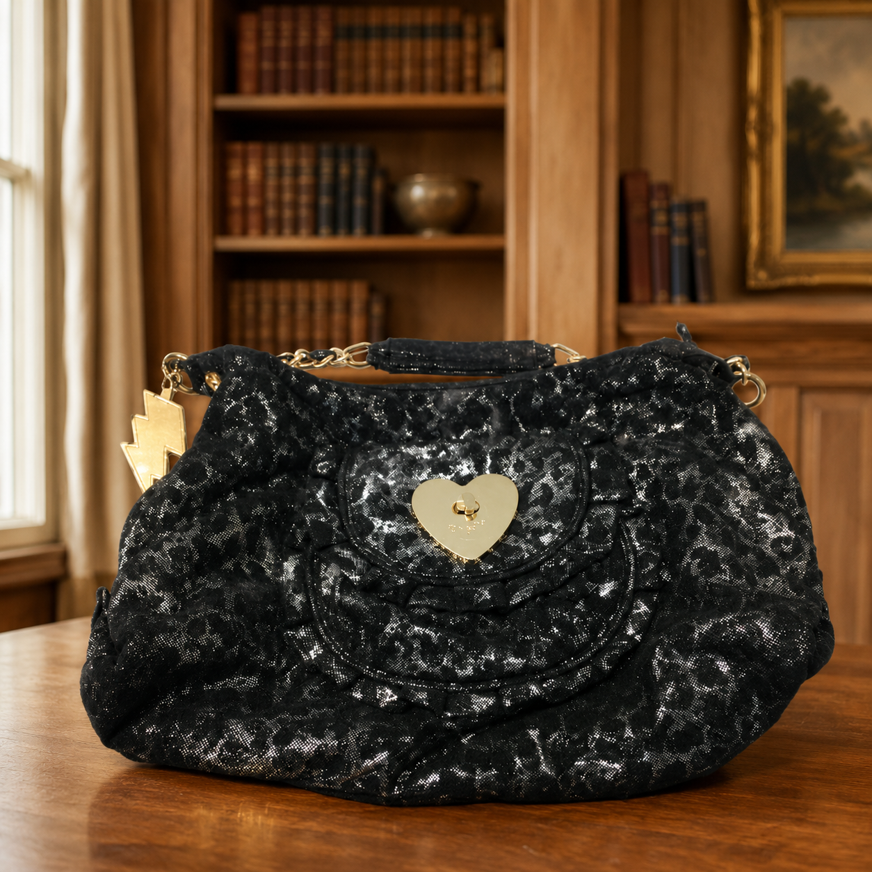 Betsey Johnson Black/Silver Metallic Purse w Gold Toned Hardware