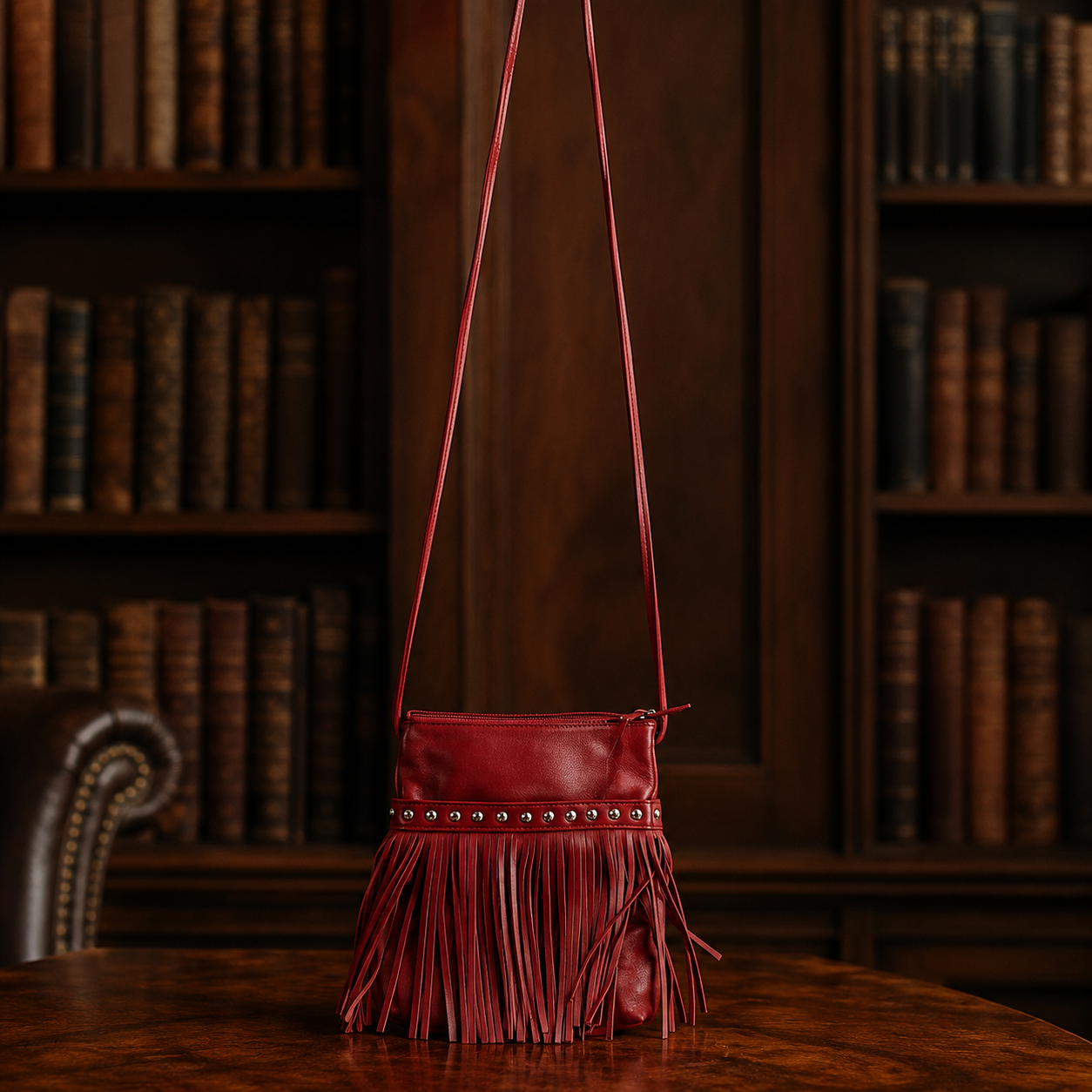Vintage Red Leather Fringe Crossbody Bag with Stud Details | Boho Western Festival Purse