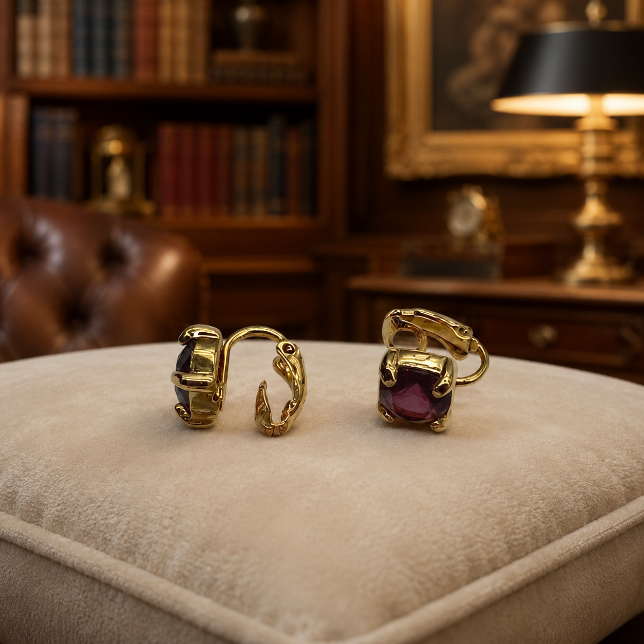 Swarovski Purple Crystal Square Clip-On Earrings Gold Tone | Vintage Signed Designer Earrings