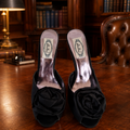 Italina Black Satin Open-Toe High Heels with Floral Accent Size 8