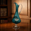 Vintage Teal Blown Glass Decanter Ewer with Clear Applied Handle, 12 Inch