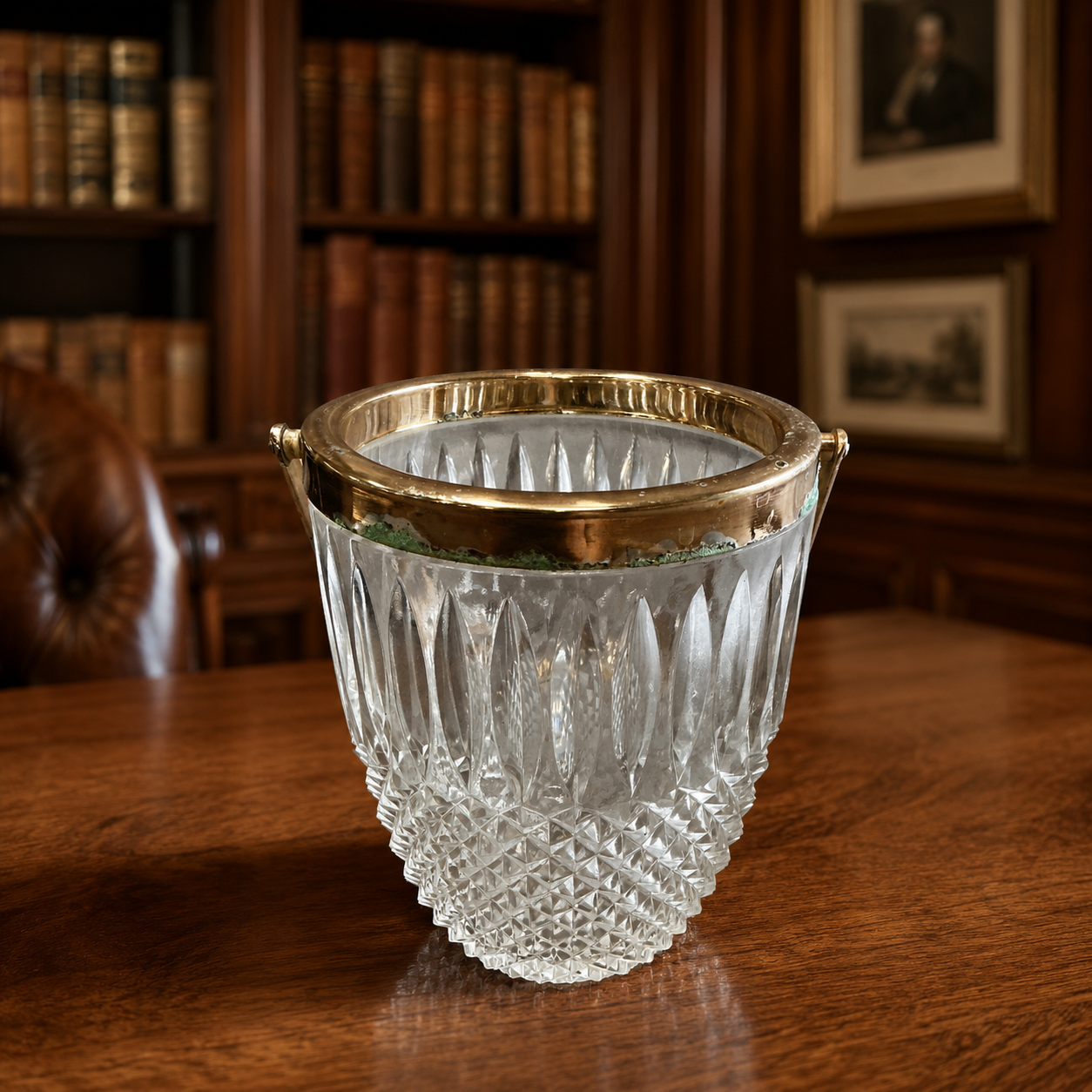 Diamond Point Pressed Glass Ice Bucket with Brass Rim