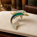 Vintage Atwood and Sawyer Enamel Dolphin Brooch with Crystal Rhinestones | Gold Tone Designer Ocean Jewelry