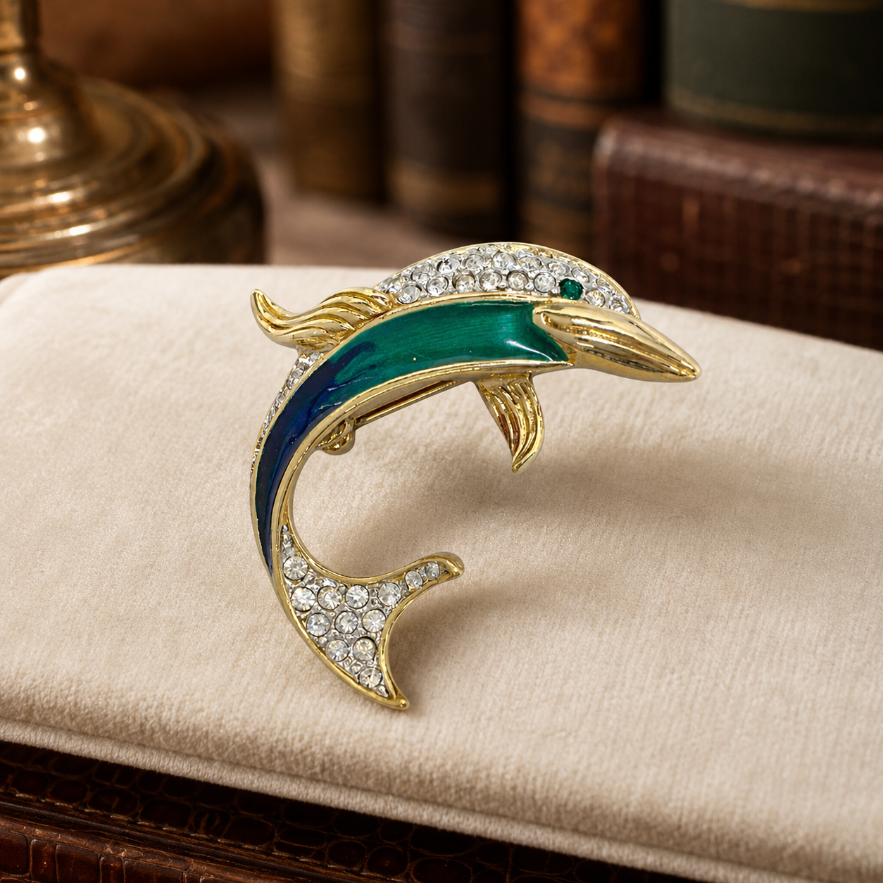 Vintage Atwood and Sawyer Enamel Dolphin Brooch with Crystal Rhinestones | Gold Tone Designer Ocean Jewelry