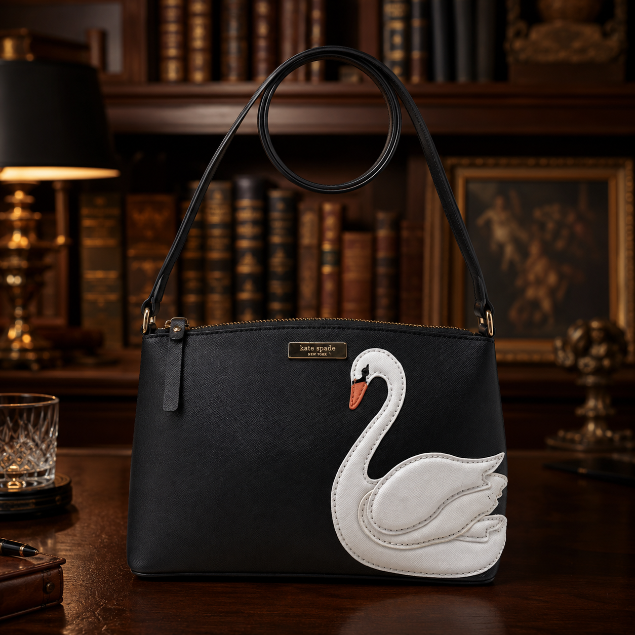 Kate Spade Women’s Crossbody Bag Black with White Swan Appliqué