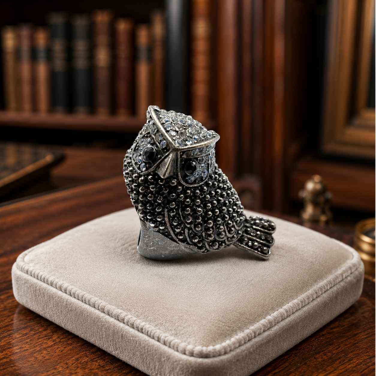 Silver-Tone Rhinestone Owl Cocktail Ring Size 6