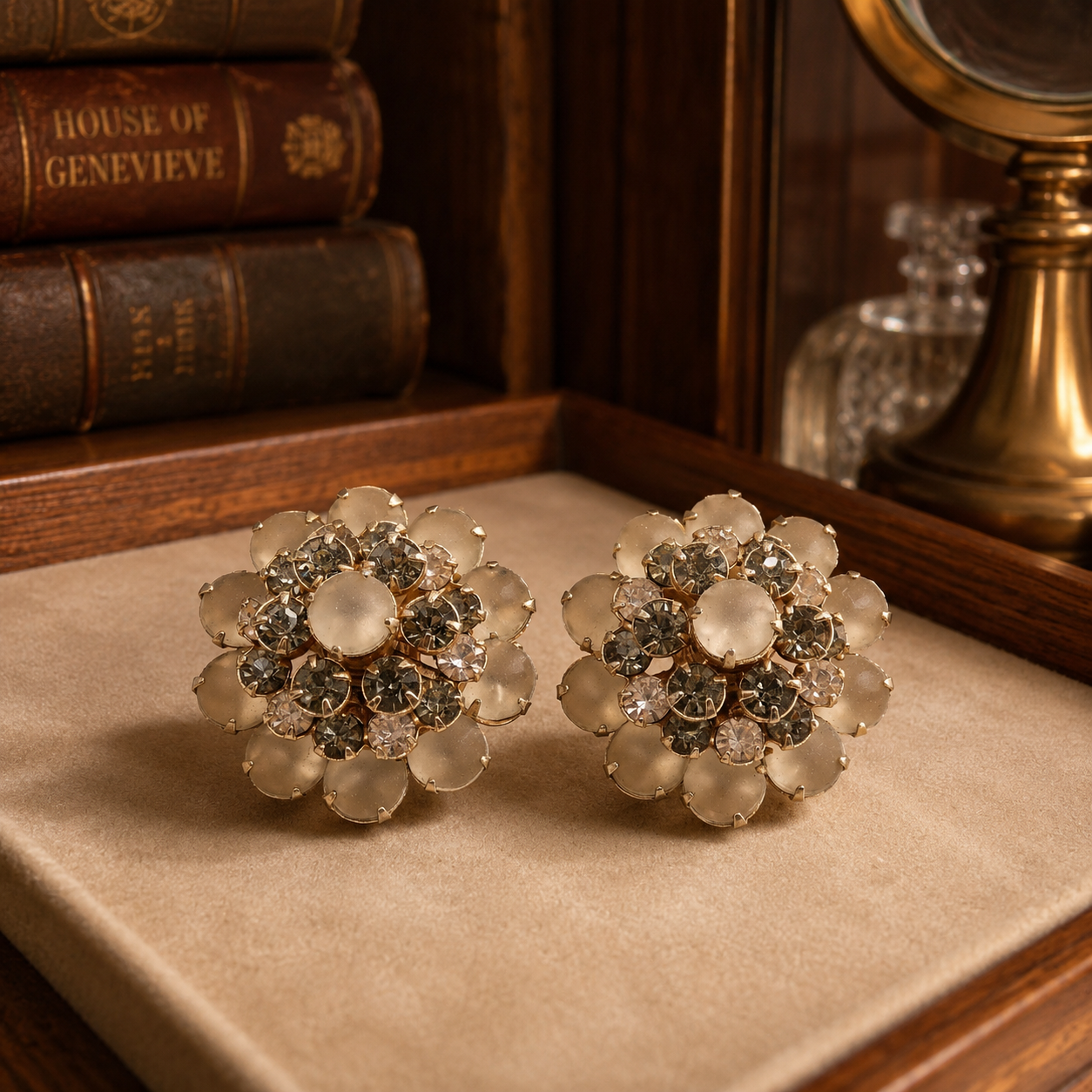 Vintage Gold Tone Frosted Glass Rhinestone/Crystal Flower Clip On Earrings