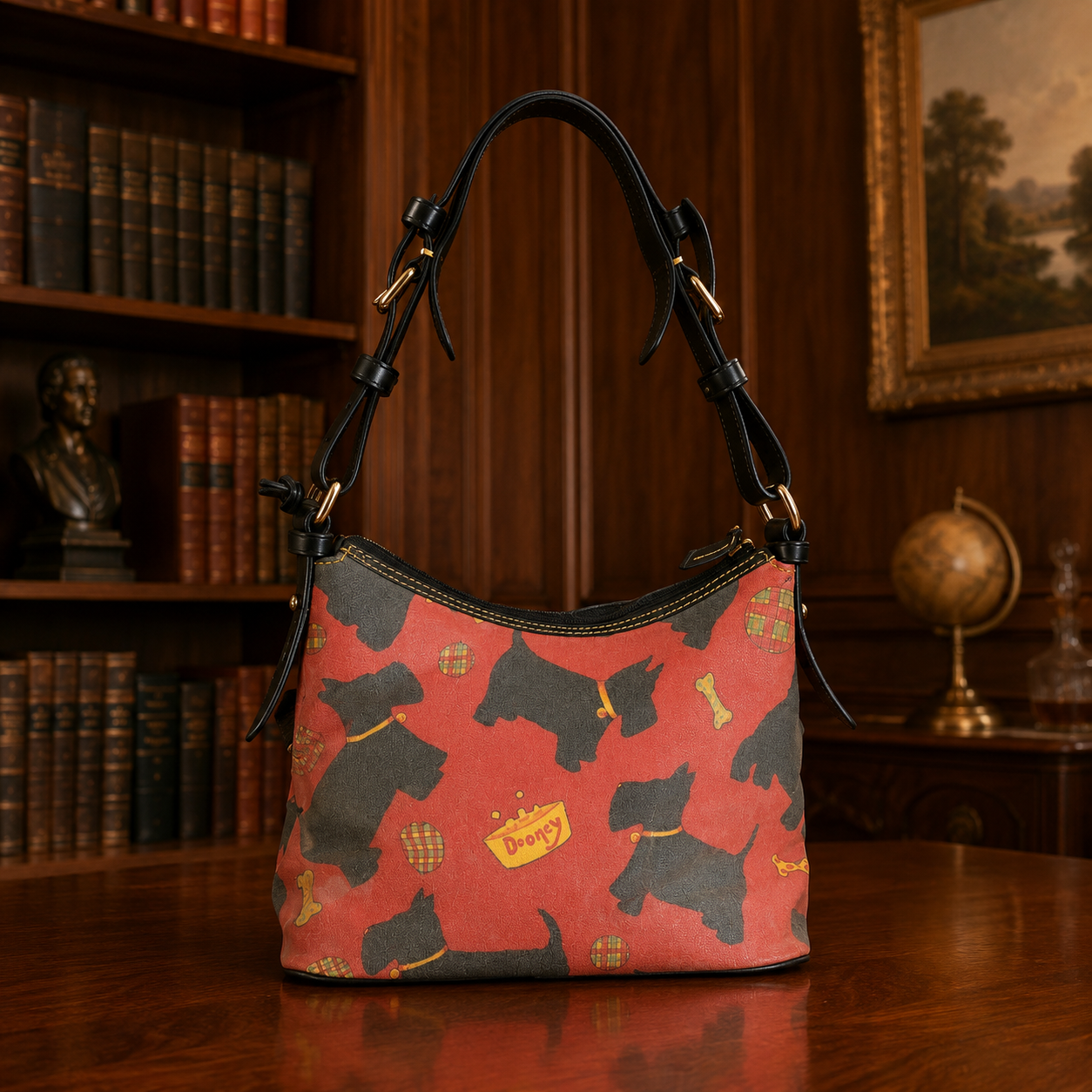 Dooney & Bourke Red Coated Canvas Scottie Black Leather Trim Dog Handbag Purse