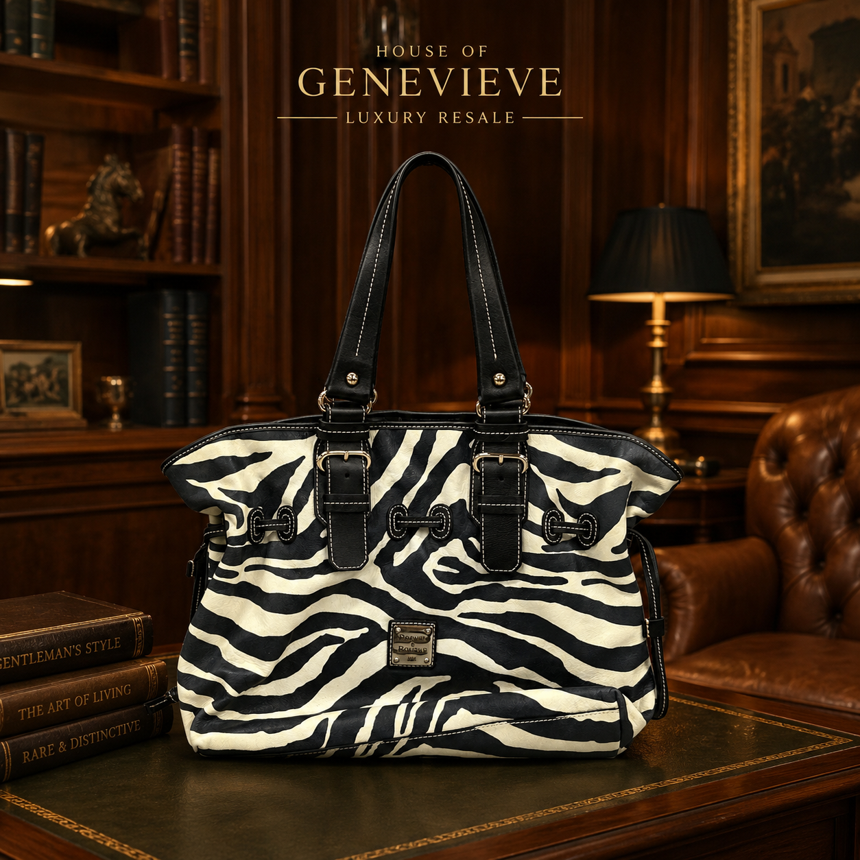 Dooney & Bourke Zebra Print Satchel Handbag with Leather Trim