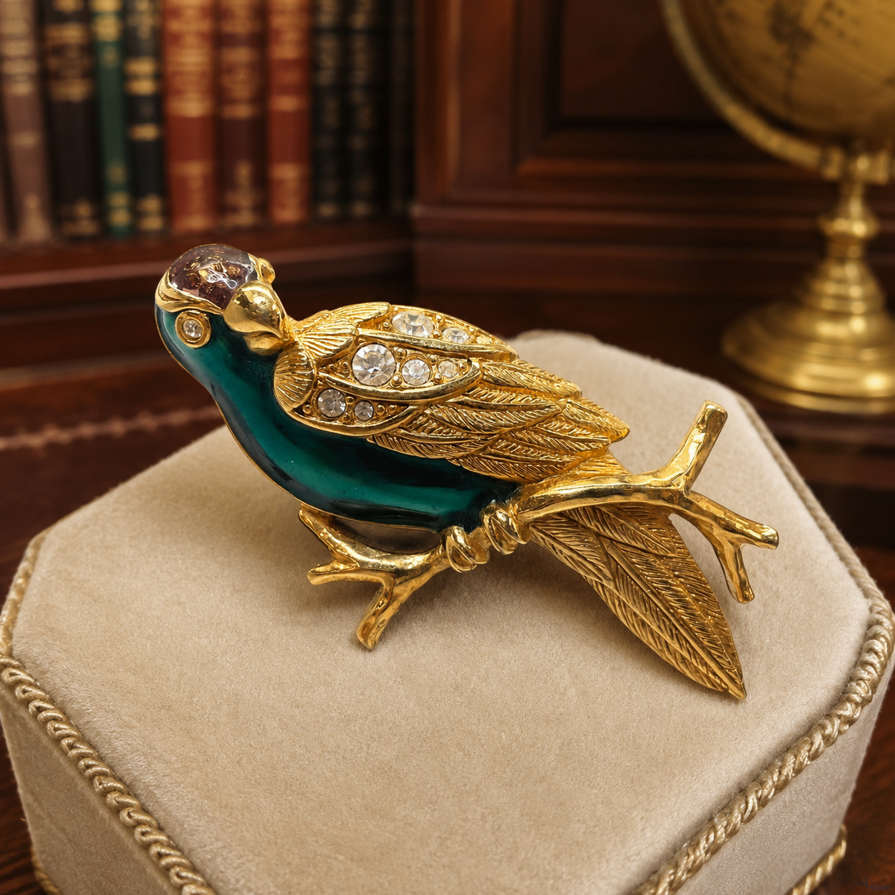 Gold Tone Green Enamel Avon Parrot Brooch w/Rhinestones 22.7g