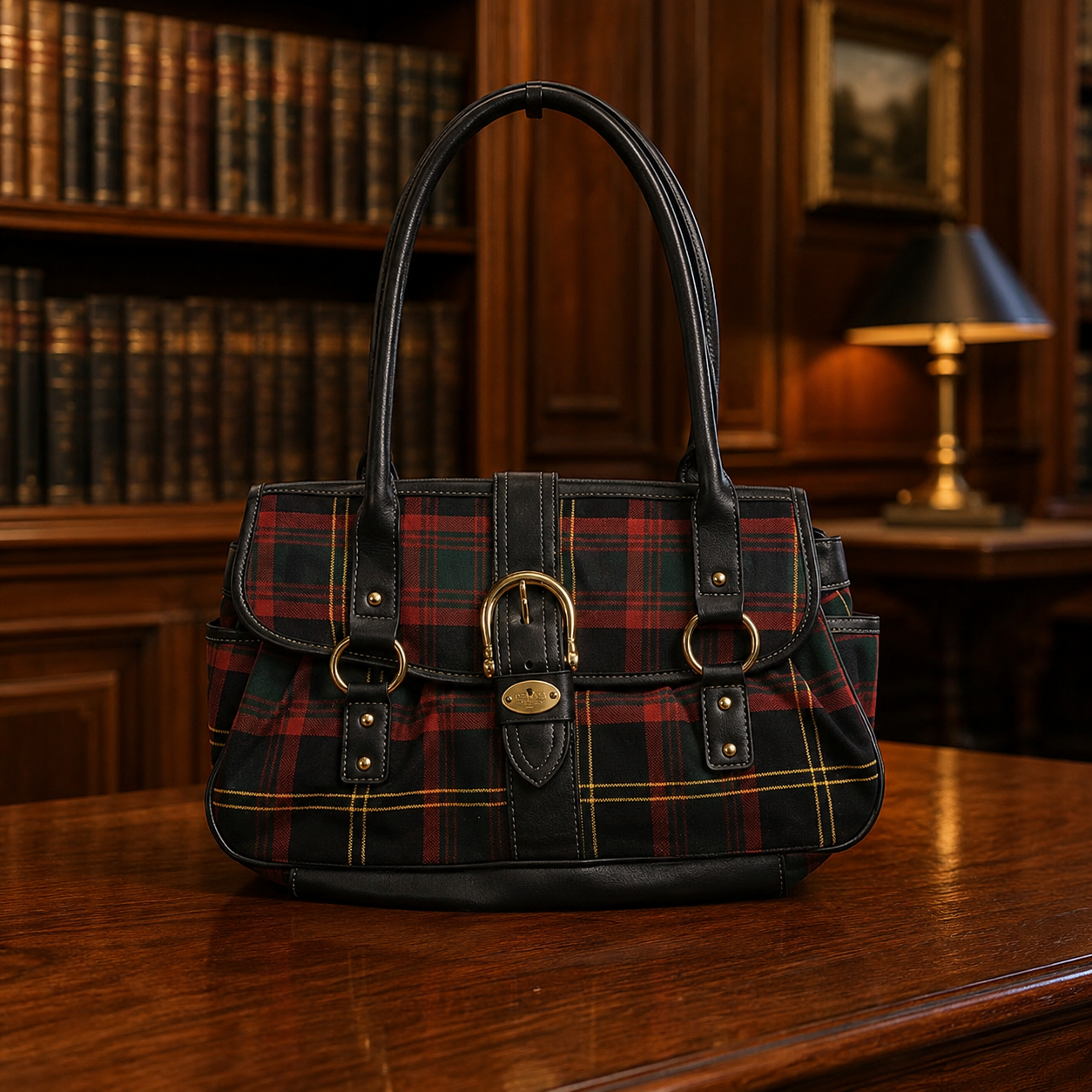 Chaps Women's Red Green Black Plaid Tartan Shoulder Bag Handbag Gold Hardware