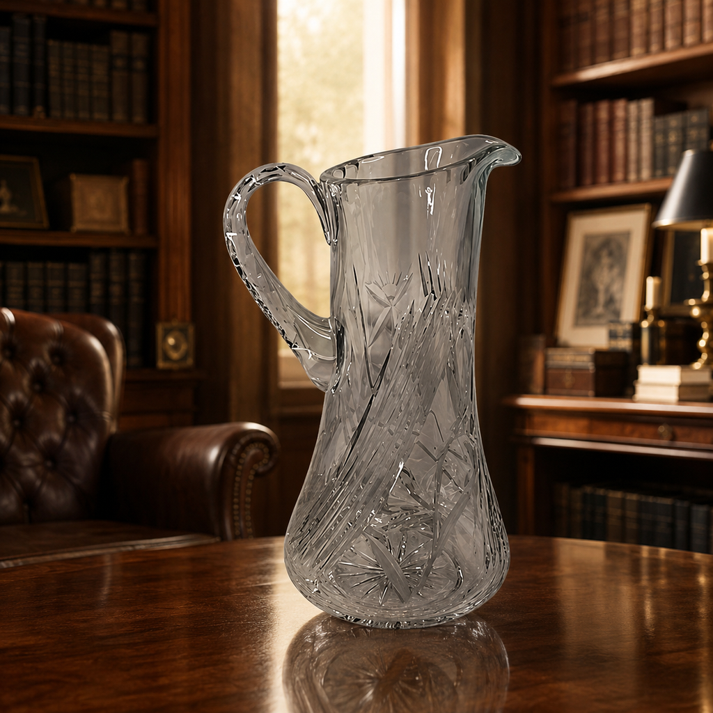 Clear Cut Glass Pitcher with Floral Etching [G4288]