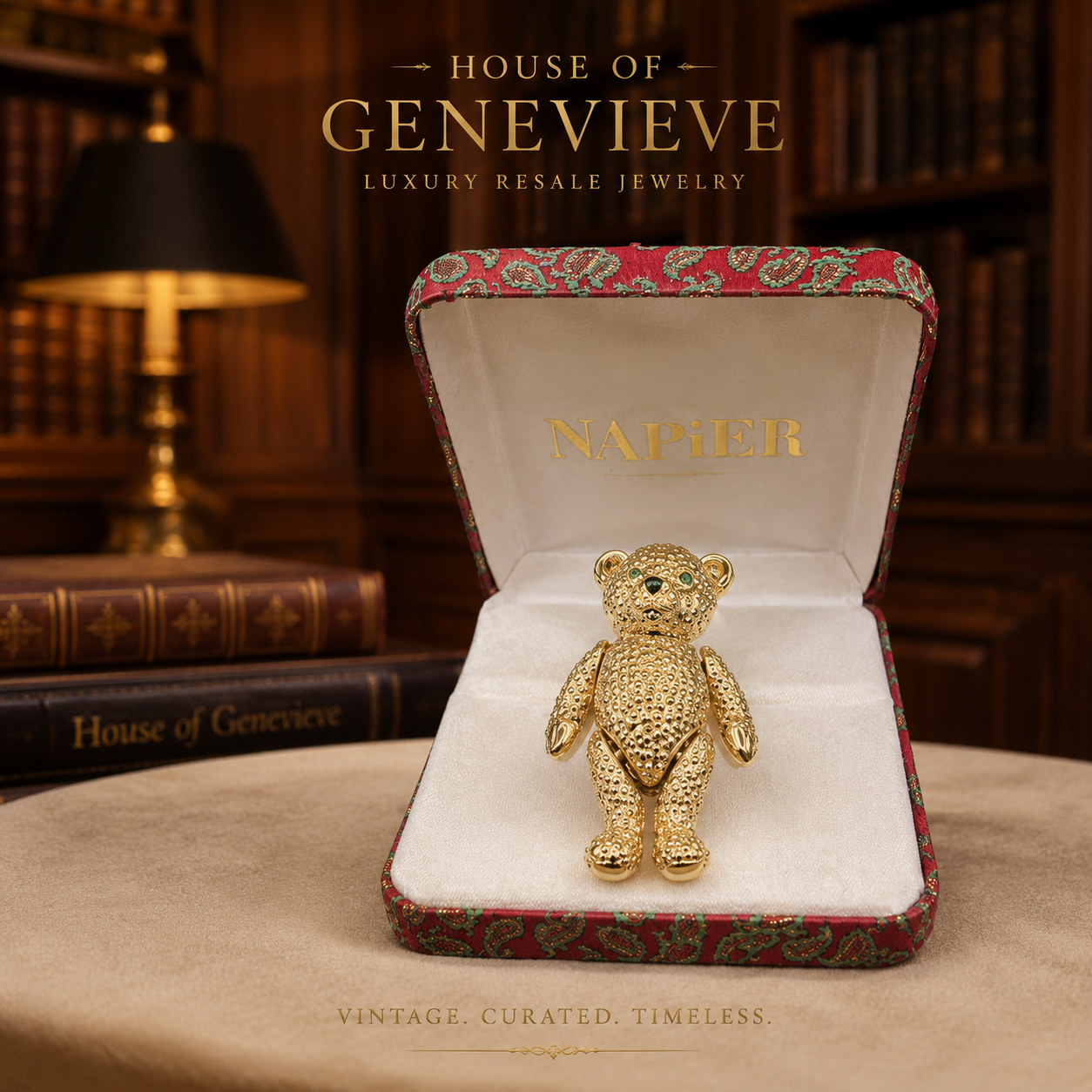 Napier Gold-Tone Articulated Teddy Bear Brooch with Rhinestone Eyes