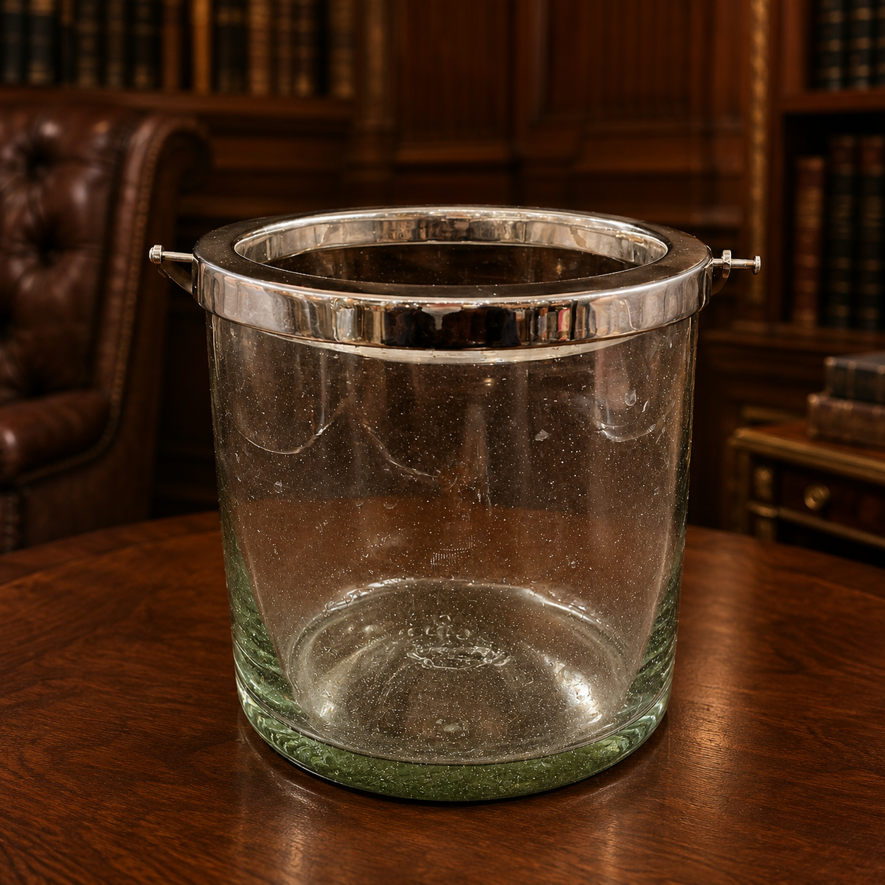 Vintage Light Green Glass Silver Plated Rim Ice Bucket