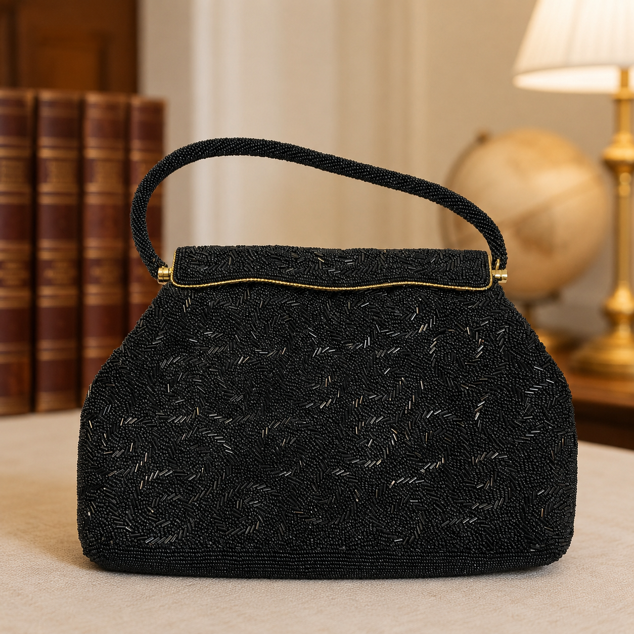 Women's Black Beaded Embroidered Clutch