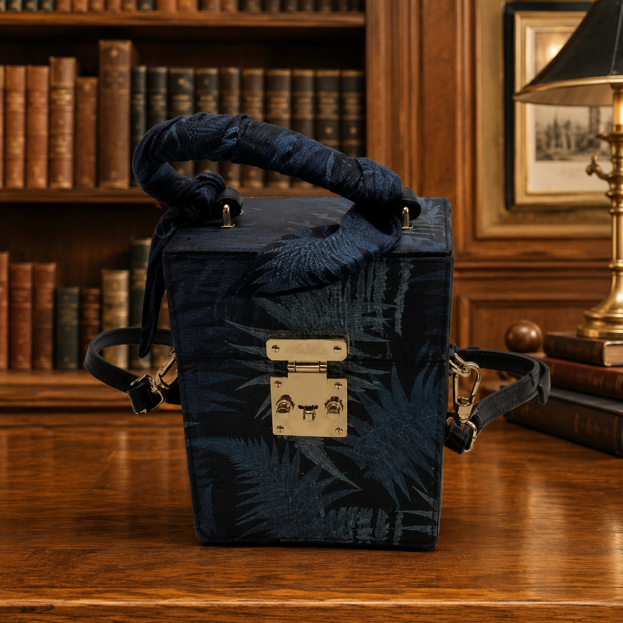 Kabalala Black Blue Fern Print Box Trunk Crossbody Bag Scarf Handle Gold Hardware