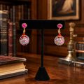 Vintage Fiorato Wedding Cake Glass Dangle Earrings, Colorful Floral Screw Back Earrings