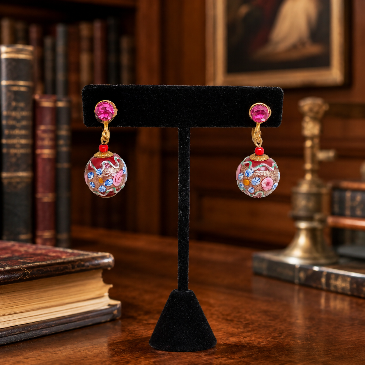 Vintage Fiorato Wedding Cake Glass Dangle Earrings, Colorful Floral Screw Back Earrings