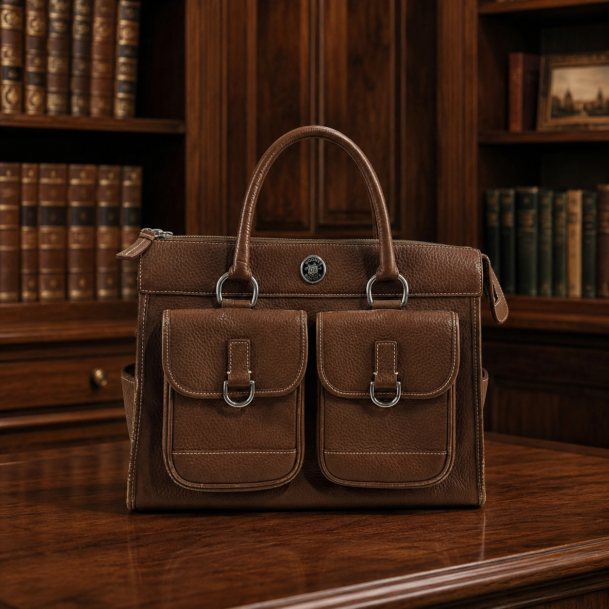 Dooney & Bourke Brown Leather Satchel Bag, Structured Pocket Tote with Shoulder Strap