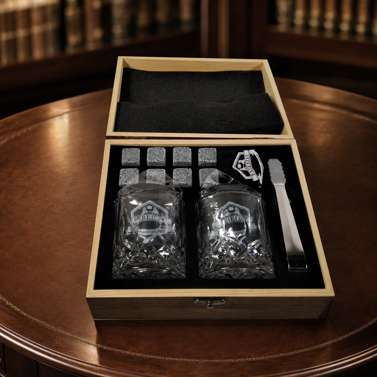 Whiskey Stones Bar Kit with Glasses in Wood Gift Box
