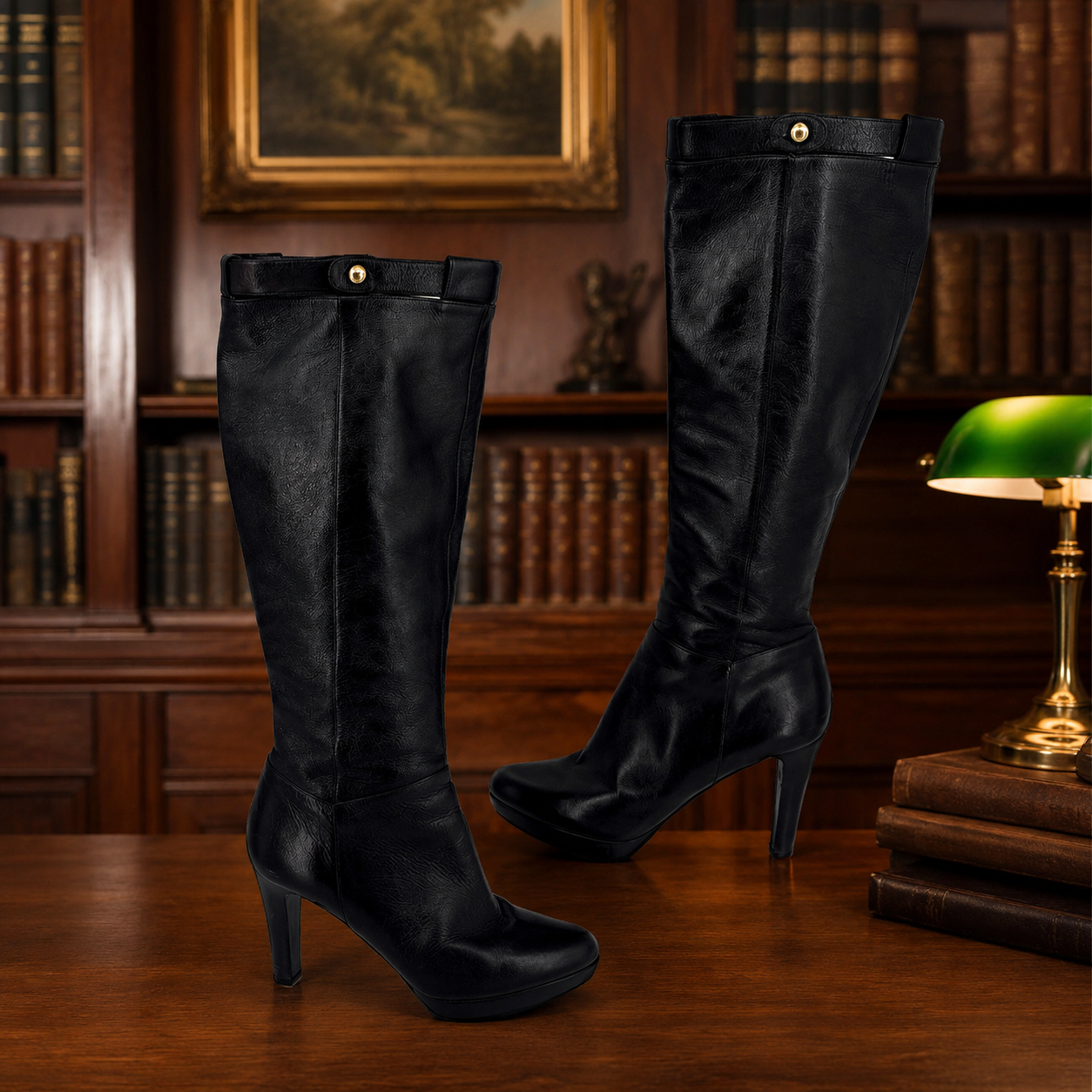 Fendi Black Leather Platform Knee High Boots Side Zip Size 39.5