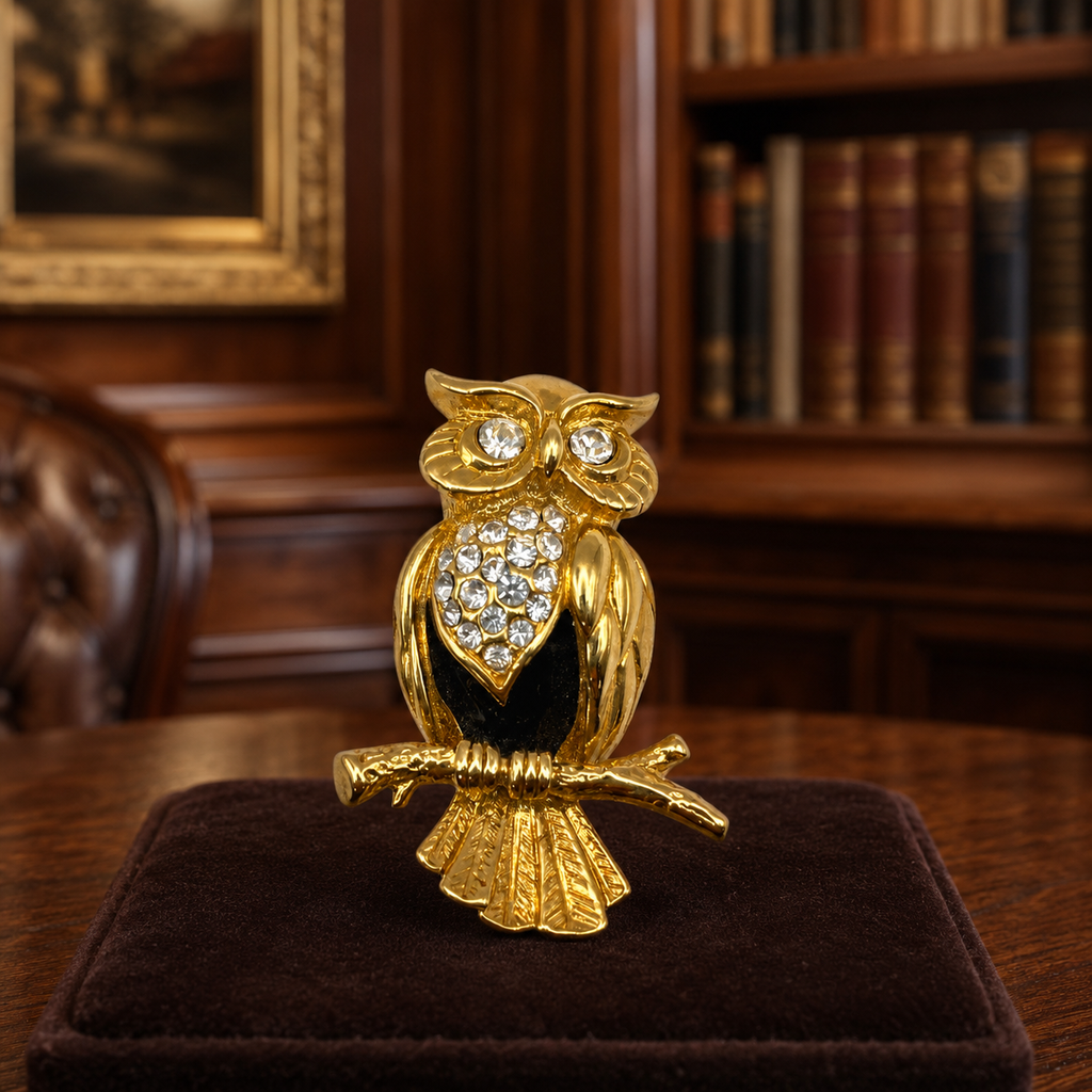 Vintage Swarovski Gold Tone Crystal Owl Brooch Black Enamel Figural Pin