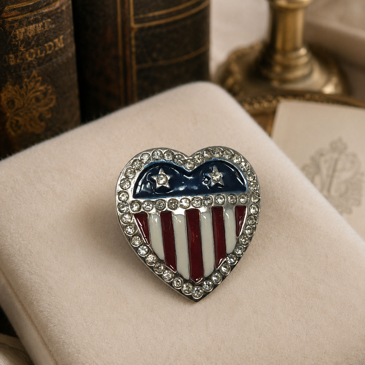 Signed MMA Patriotic Flag Heart Pin | Metropolitan Museum of Art Enamel Rhinestone Brooch